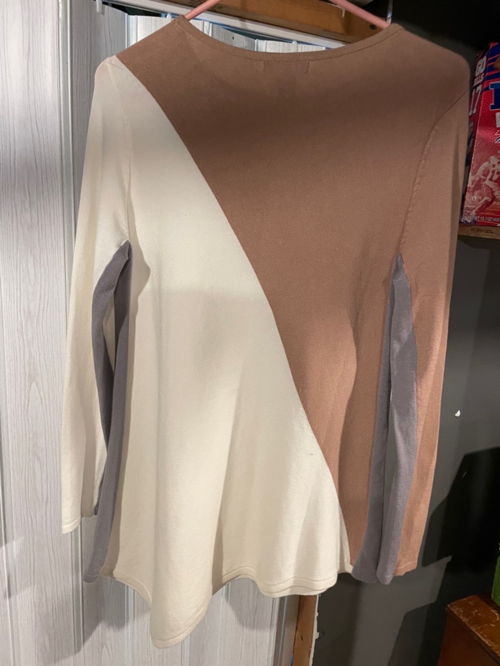 Alfani Diagonal Colorblock Asymmetric Top - Brown, Cream & Gray - Picture 2 of 3